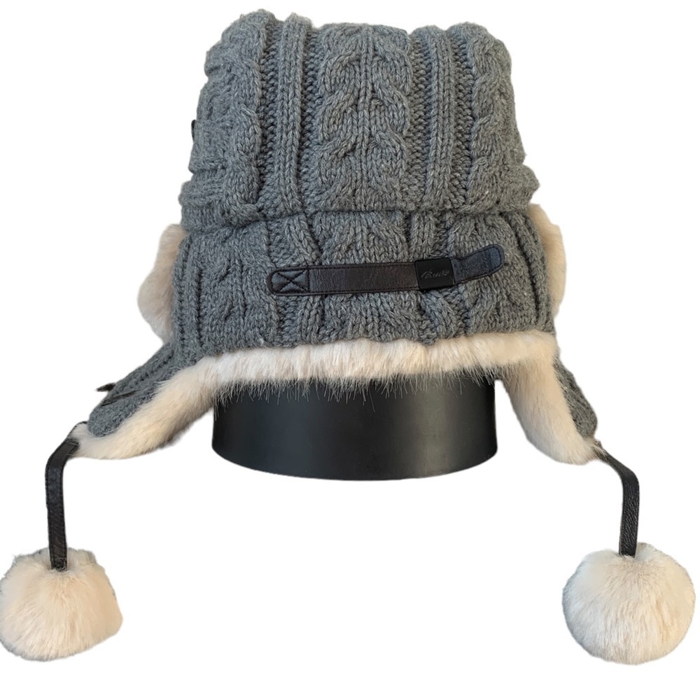 Barts Wool Cable Knit Faux Fur Trim Grey Bomber Hat Adjustable Pom Pom O/S - Picture 6 of 13